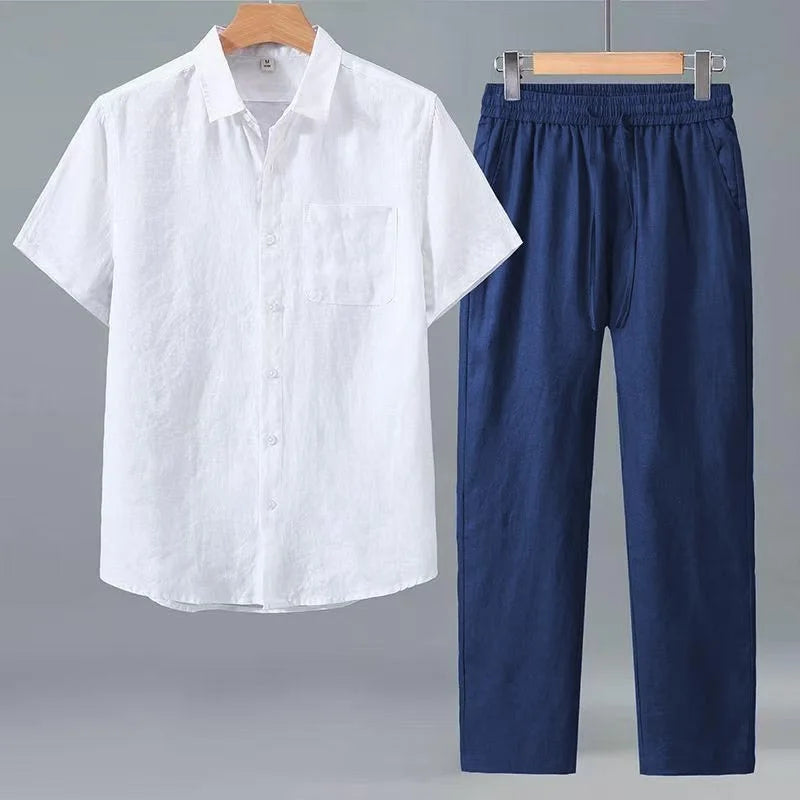 Mens Pure Linen Matching Outfit Short Sleeve Button Shirt Elastic Waist Trousers Two Piece Suit Lightweight Summer Daily Streetw
