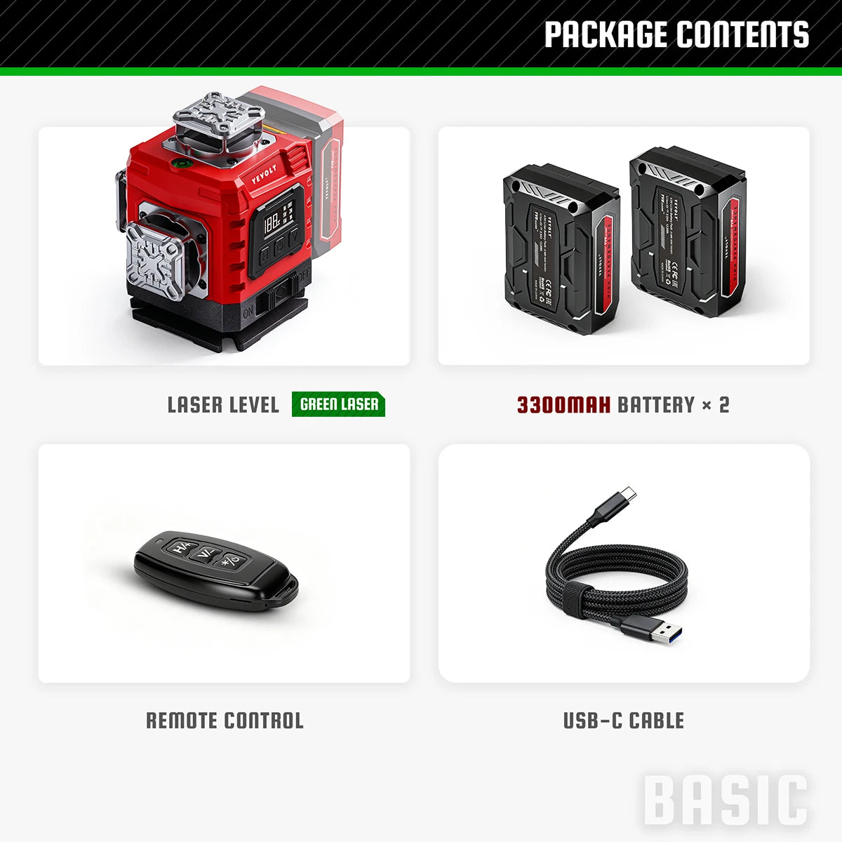 YEVOLT 16‑Line Green Laser Level 4×360° Planes Gravity Self‑Adjust Slope Function Type‑C Power Build & Tile
