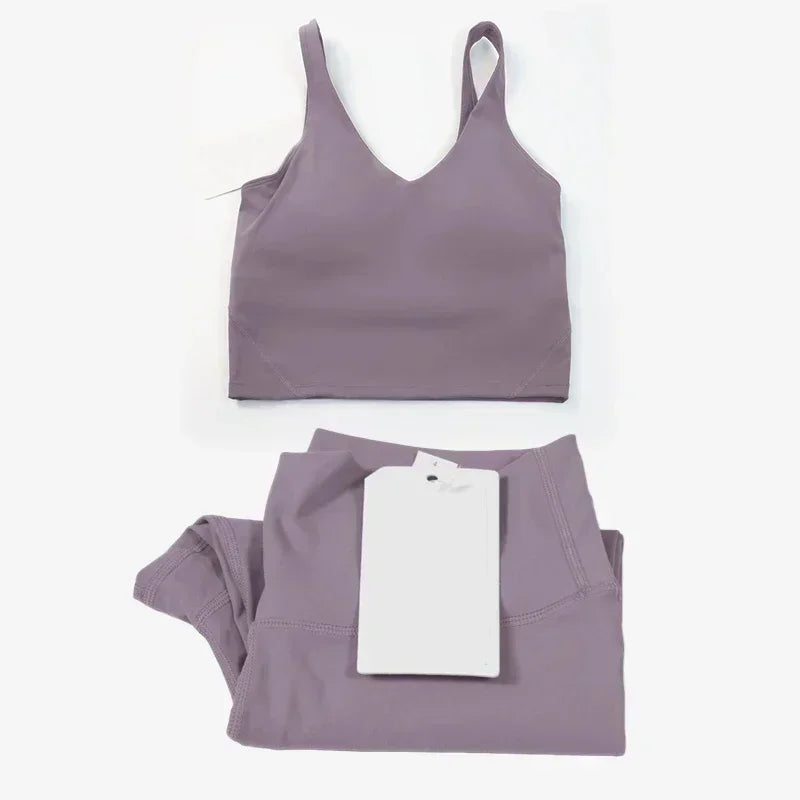 Classic women's 2-piece yoga outfit: U-shaped camisole top & high-waisted nude-feel leggings, suitable for fitness and workout.