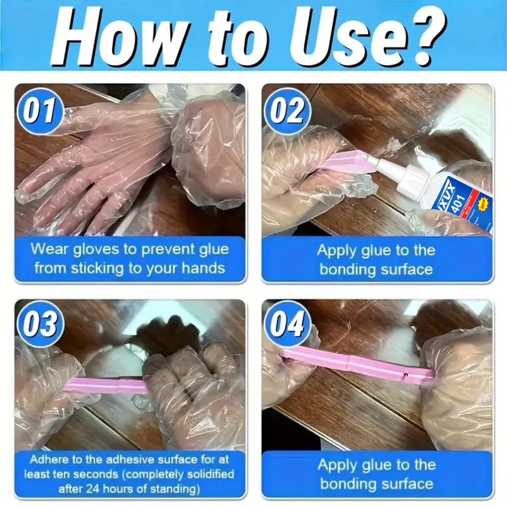 New and updated 401 super acrylate adhesive, instant drying in 5 seconds, waterproof, good stability, full bonding tool. Suitable for wood, plastic, ceramics, metal, rubber and so on.