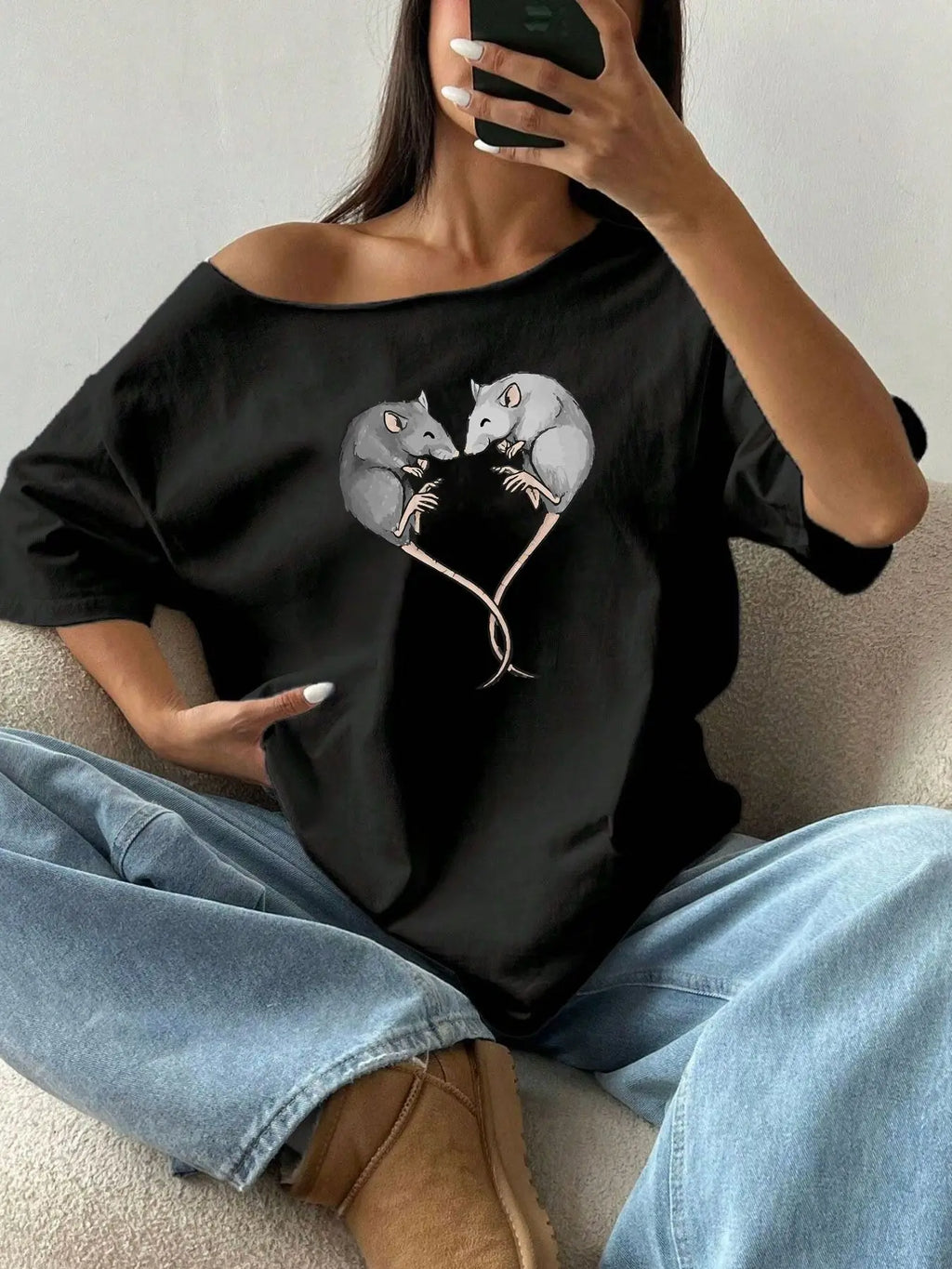 100% Cotton Plus Size Cute Heart Shaped Rats Graphic Shoulder Loose Print T-Shirt Oversized Y2K Style Graphic Tees Women Tops