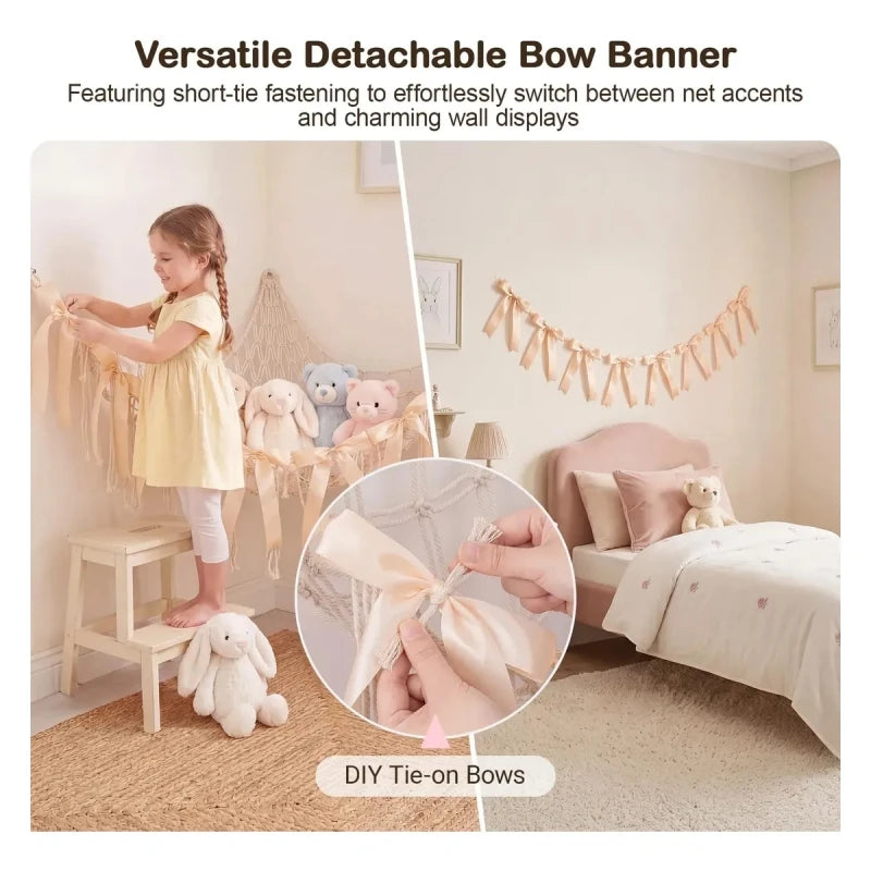 Large Toy Hammock Net Organizer Bohemian Tassel Bow Stuffed Animal Hammocks Wall Corner Hanging Storage Mesh Home Decoration