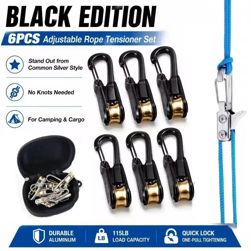 Roller Hook Rope Tensioning Tool with Roller Hook & Safety Buckle, Fits 4-6mm Diameter Rope, Camping Tent Ropes Securing Tool