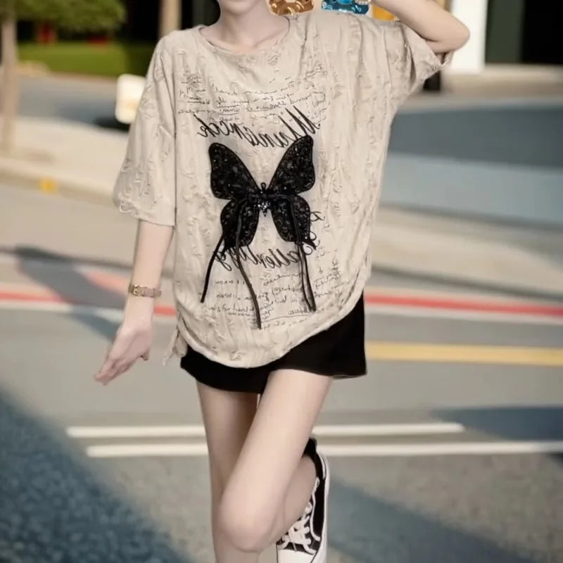 Aged and distressed lace, breathable, loose, butterfly-style summer new Korean version fashionable and chic vacation-style top