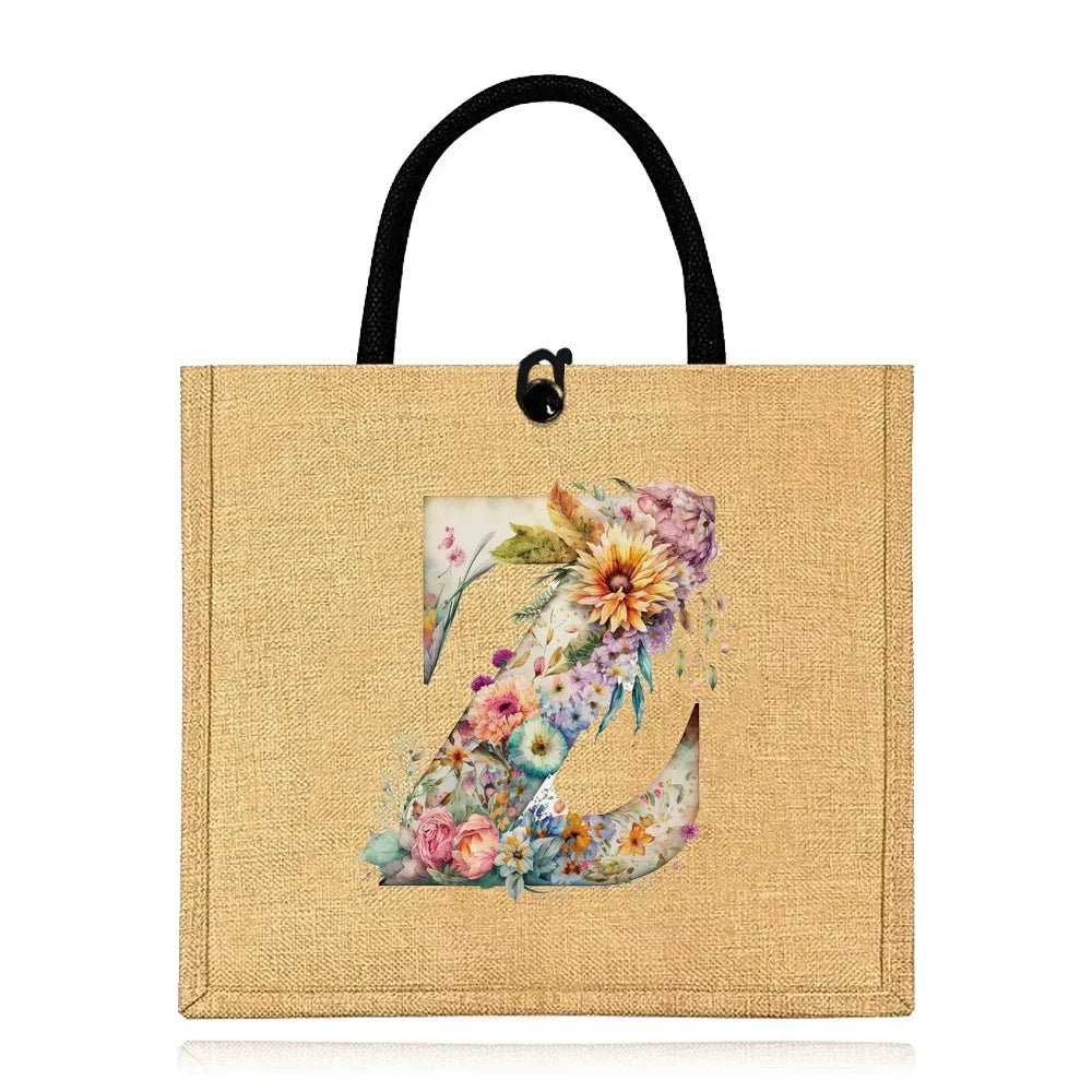 Flax Bag Fastener Handbag Organizer Storage Jute Tote Bags Imitation Cotton Women Valise Portable Floral Letter Printing Series