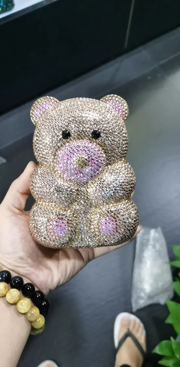 Boutique De FGG Brown Crystal Teddy Bear Evening Clutch Bags for Women Wedding Party Mini Minaudiere Purses and Handbags