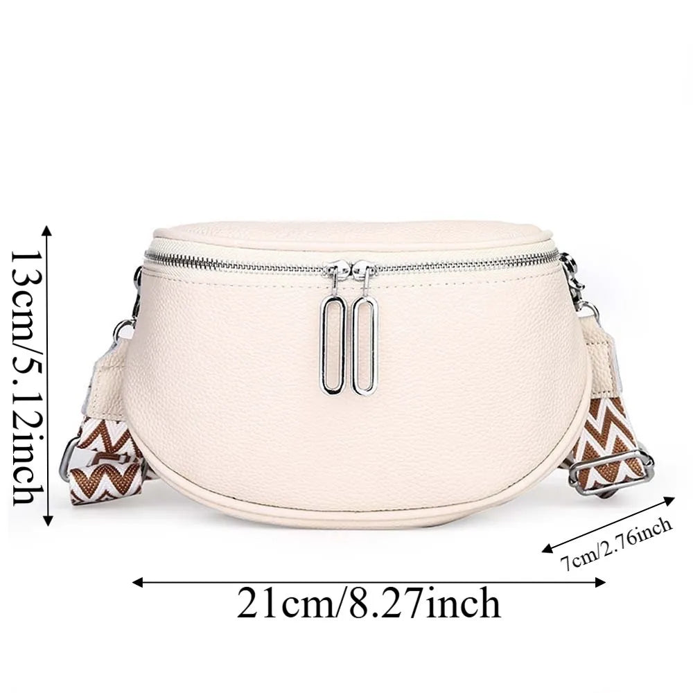Bum Bag Leather Crossbody Bag Cowhide Texture Double Zippers Saddle Bag Jacquard Strap Solid Color Chest Pack Outdoor Travel