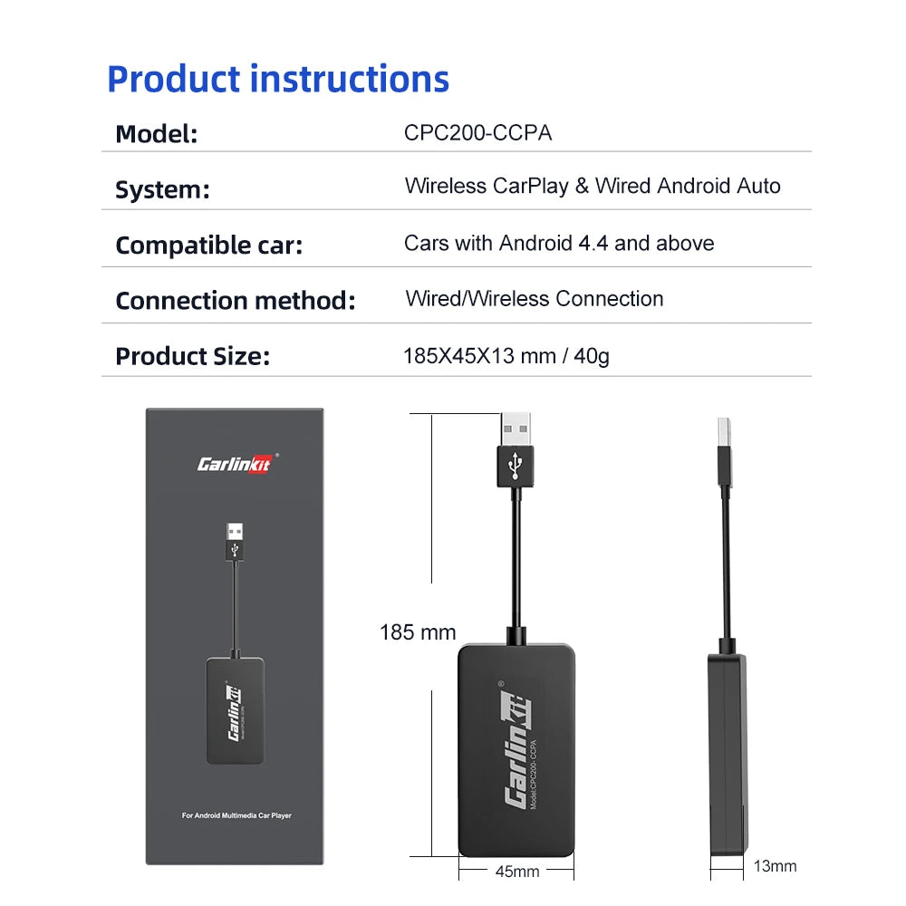 CarlinKit Wired or Wireless CarPlay Adapter USB Android Auto Dongle for Android Car Multimedia Mirrorlink Waze Spotify Autokit