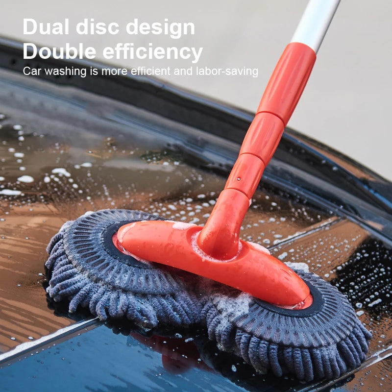 Double Brush Head Rotating Car Wash Mop Three-Section Telescopic Mop Roof Window Cleaning Maintenance Auto Supplies Accessories