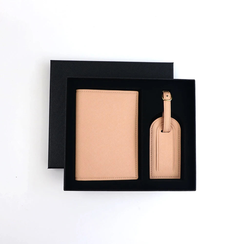 Customized name set, unisex Safiano PU leather passport holder and luggage tag gift box