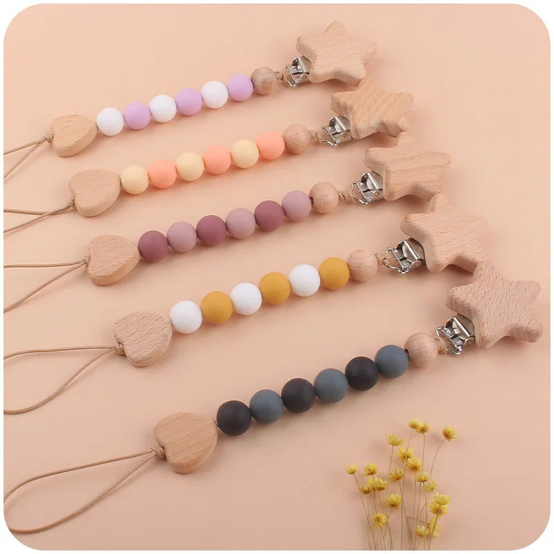 Baby Anti Drop Chain Beech Star Clips Toddles Soothing Teeth Silicone Beads Pacifier Chain Newborn Appease Infant Dummy Holder