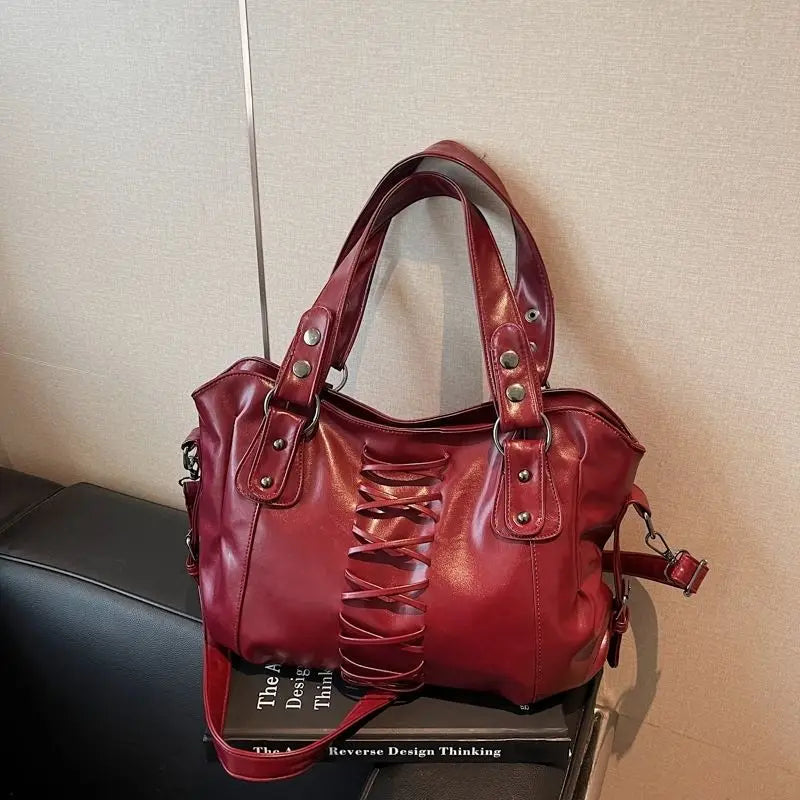 Vintage American Y2k PU Leather Crisscross Straps Large-capacity Handbag Crossbody Bag Tote Bags Storage Bag Woman Bags