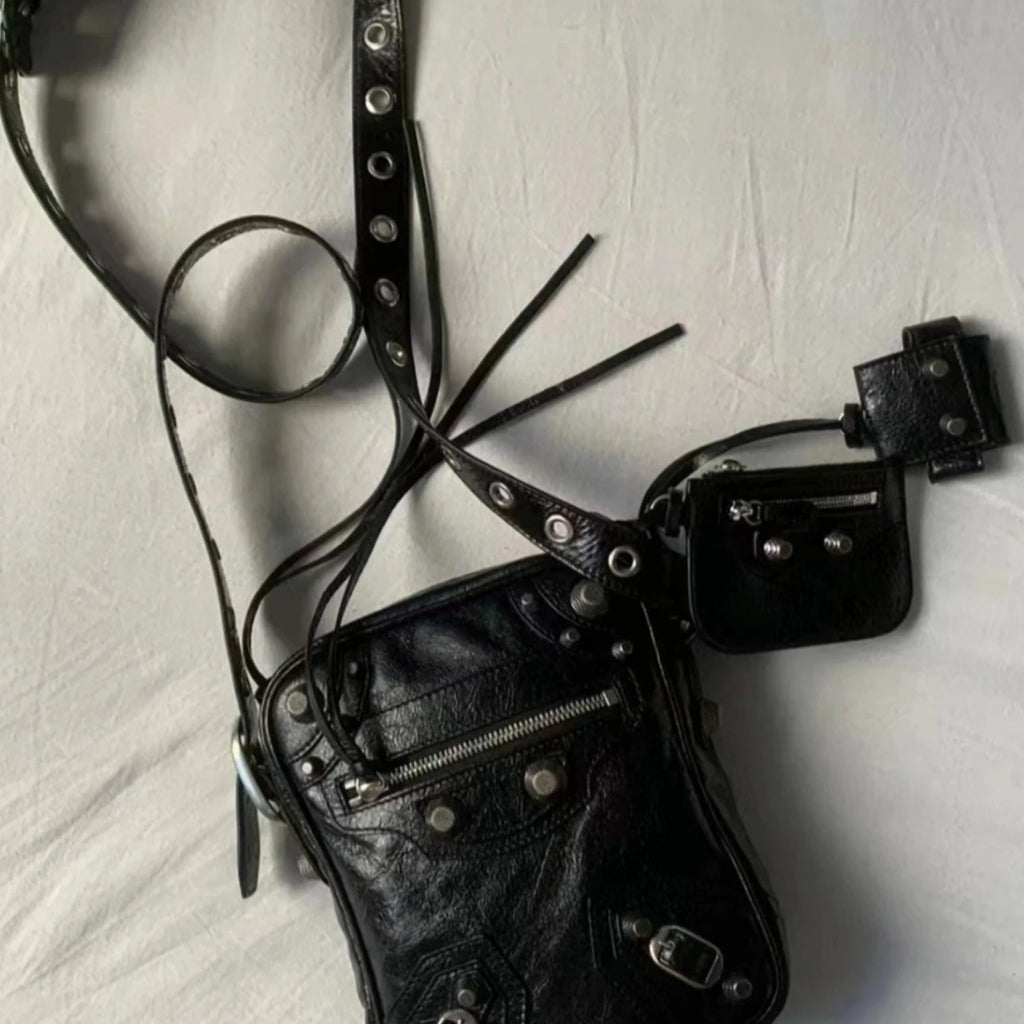 Leather Motorcycle Crossbody Bag Unisex Oil Wax Cowhide Rivet Flip Cover Street Style Soft Square Shape Shoulder Bag for Men...