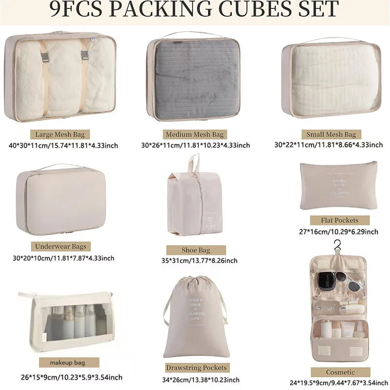 Travel Organizer Set 7/8/9/ Pcs Packing Cubes Suitcase Storage Bags Portable Luggage Tidy Pouch for Clothes & Shoes Folding