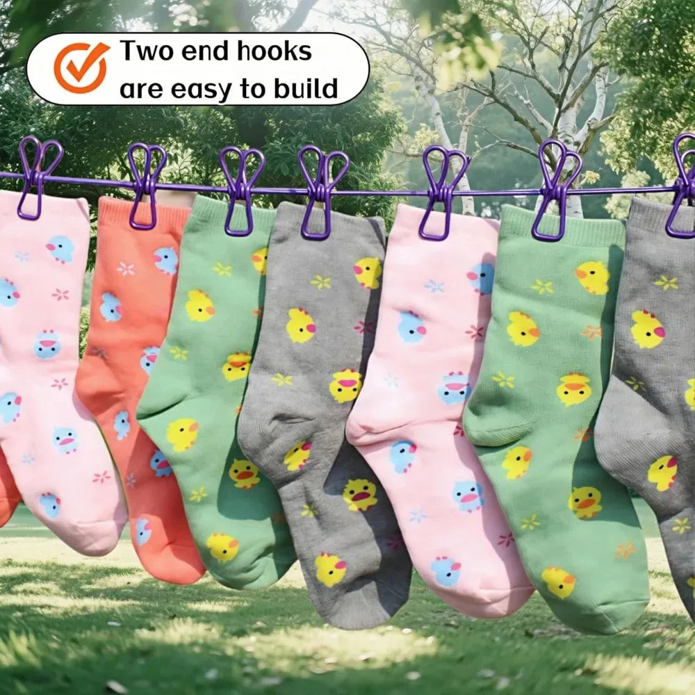 12 Non Slip Clips Windproof Elastic Travel Clothesline with Hook for Outdoor Camping Beach Dormitory RV Portable Drying Tools