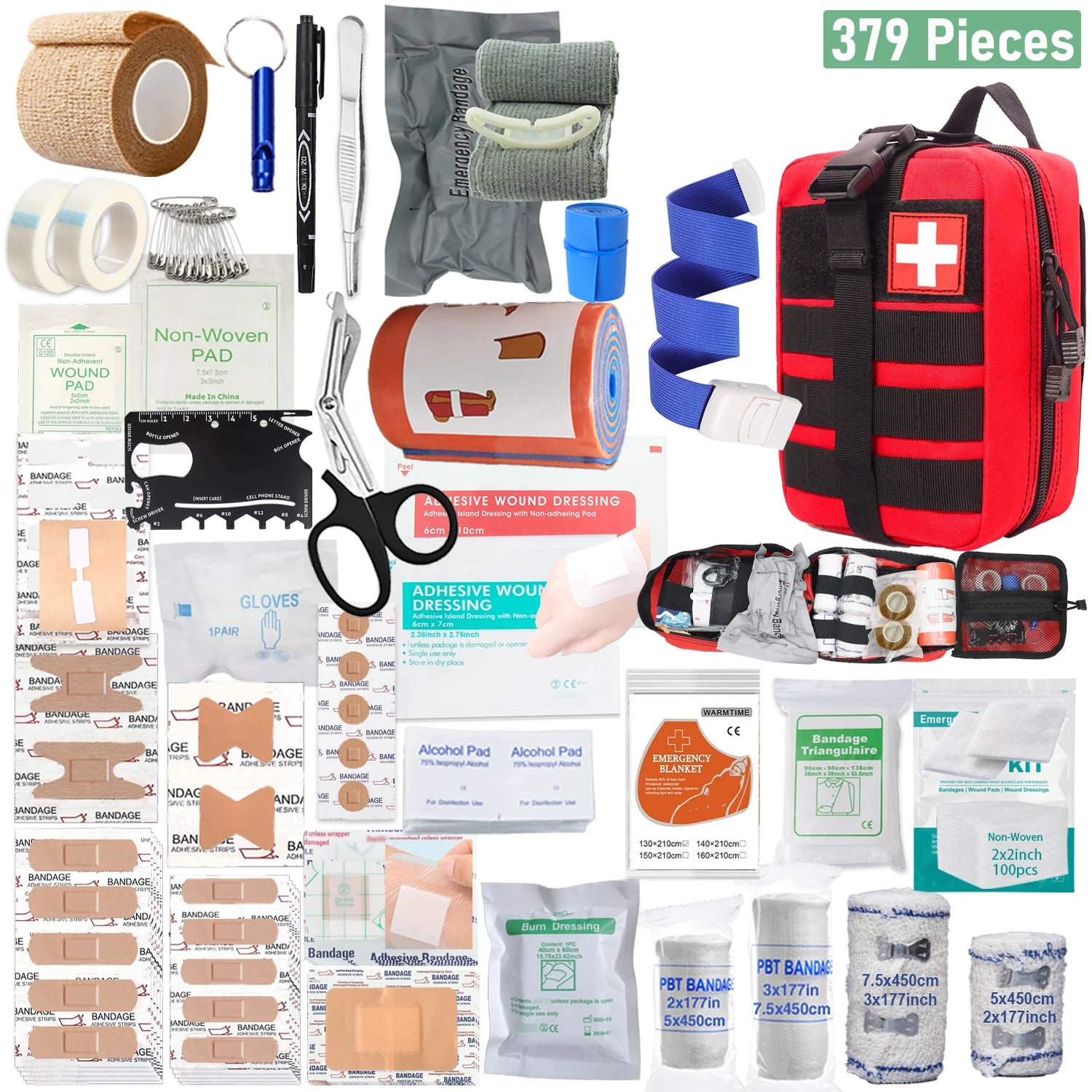 379pcs Home Office First Aid Kit Portable Emergency Bag, Red Survival Carry-On for Outdoor Activities, Camping, Hunting, Hiking