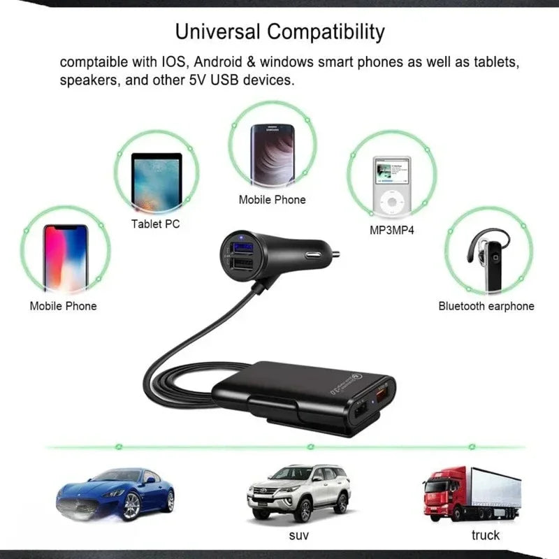 QC 3.0 Quick Charge USB Quick Charge 3.0 Car Charger for Front & Back Car Cigarette Lighter Chargers 4 USB Ports Vehicle Charger