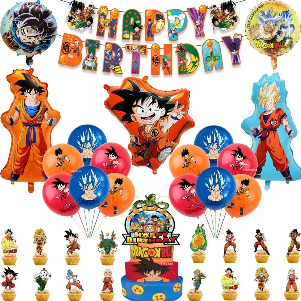 Dragoned Ball Z Balloons Happy Birthday Banner Goku Vegeta Ballons Party Decoration Plate Disposable Tableware Cake Topper Toy