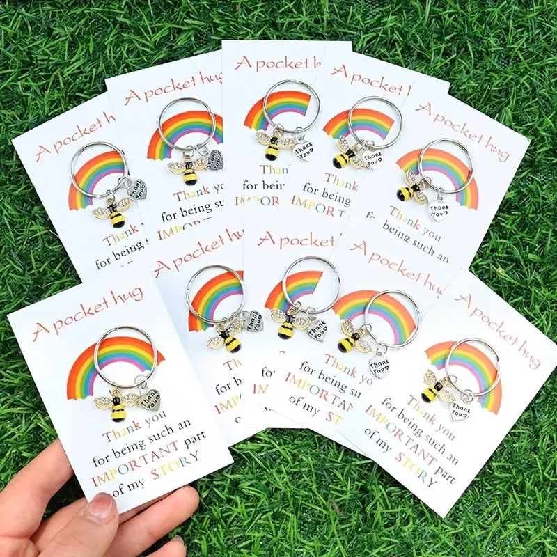 10 Bee-Themed Thank You Cards with Keychains, Perfect for Birthdays, Weddings, Teacher's Day, Graduation Ceremonies, and Back-To-School Season, Featuring a Hug Symbol and a Proud Rainbow Design on the Cards — an Ideal Gift