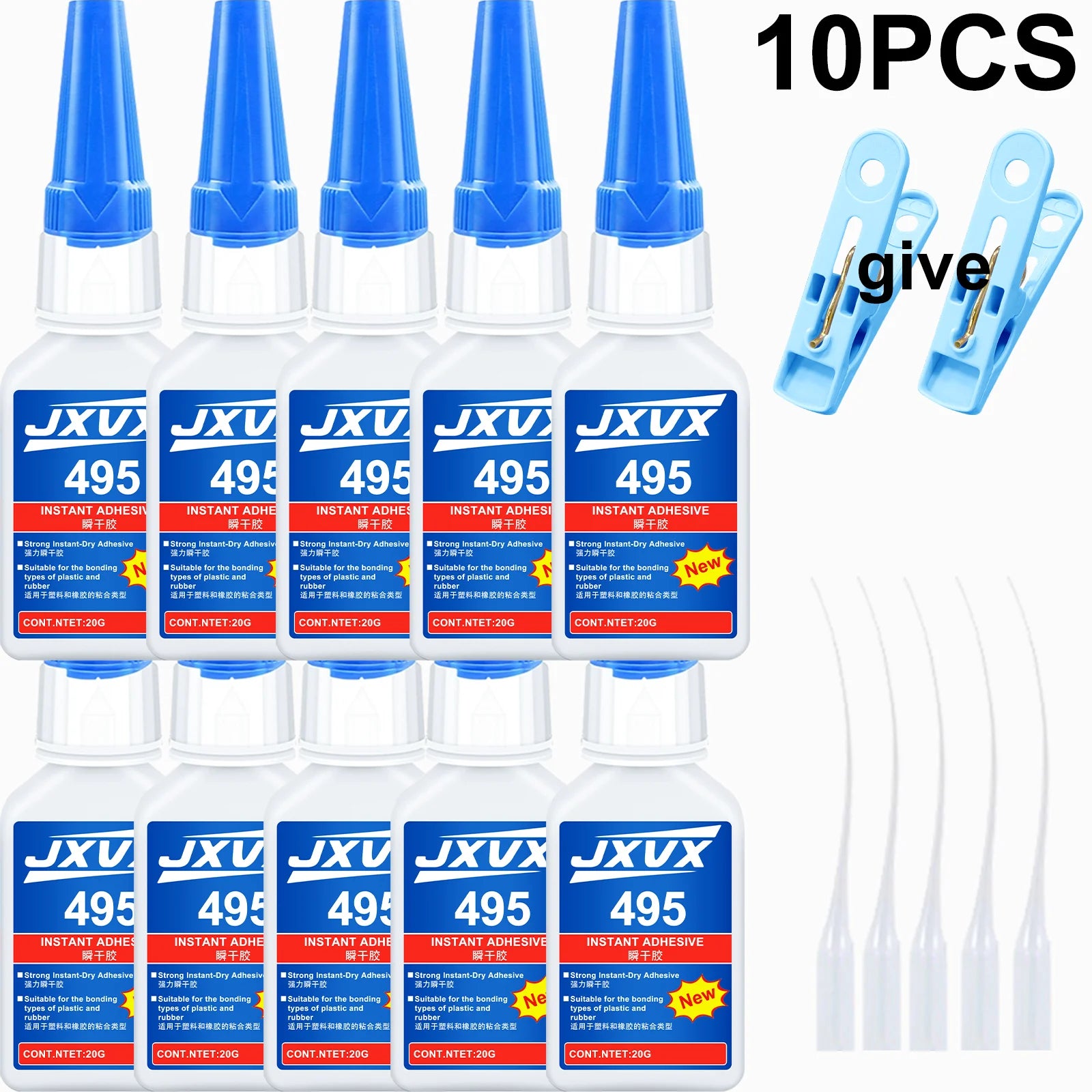 10 Pieces Jxvx 495 Instant Adhesive Super Glue 20g Quick Drying Transparent Multipurpose Metal Plastic Rubber DIY