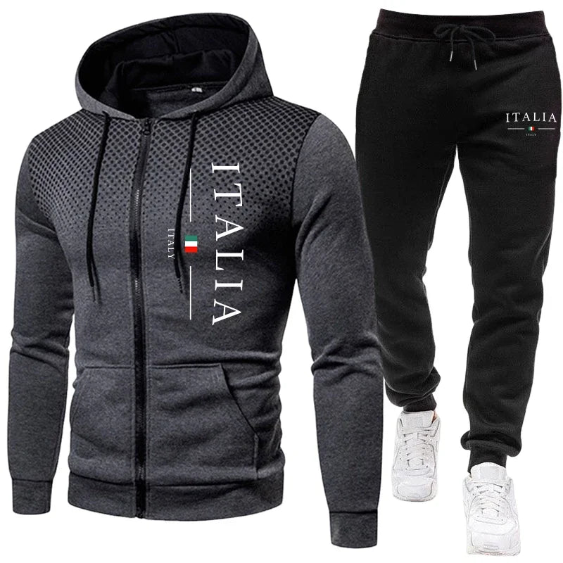 Popular autumn and winter men's fashionable hooded jacket+printed pants urban casual running sportswear daily exercise clothing