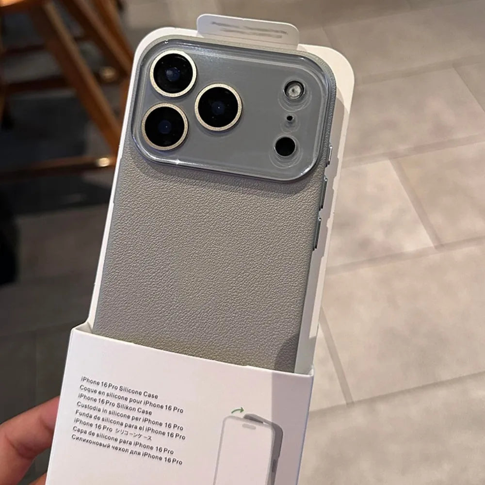 Luxury HD Hard Glass Camera Case For iPhone 17 Air 16 15 14 13 12 11 Pro Max Plus Hard PC Leather Texture Armor Shockproof Funda