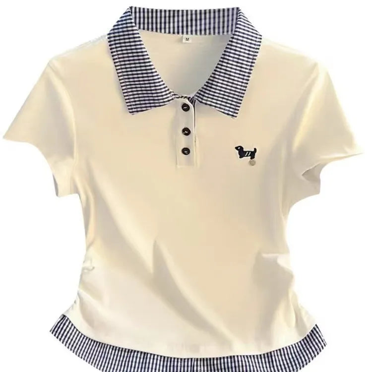 Summer Women's New Loose Casual Commuting Style Pattern Spliced Turn-down Collar Plus Size Short Sleeve T-shirt