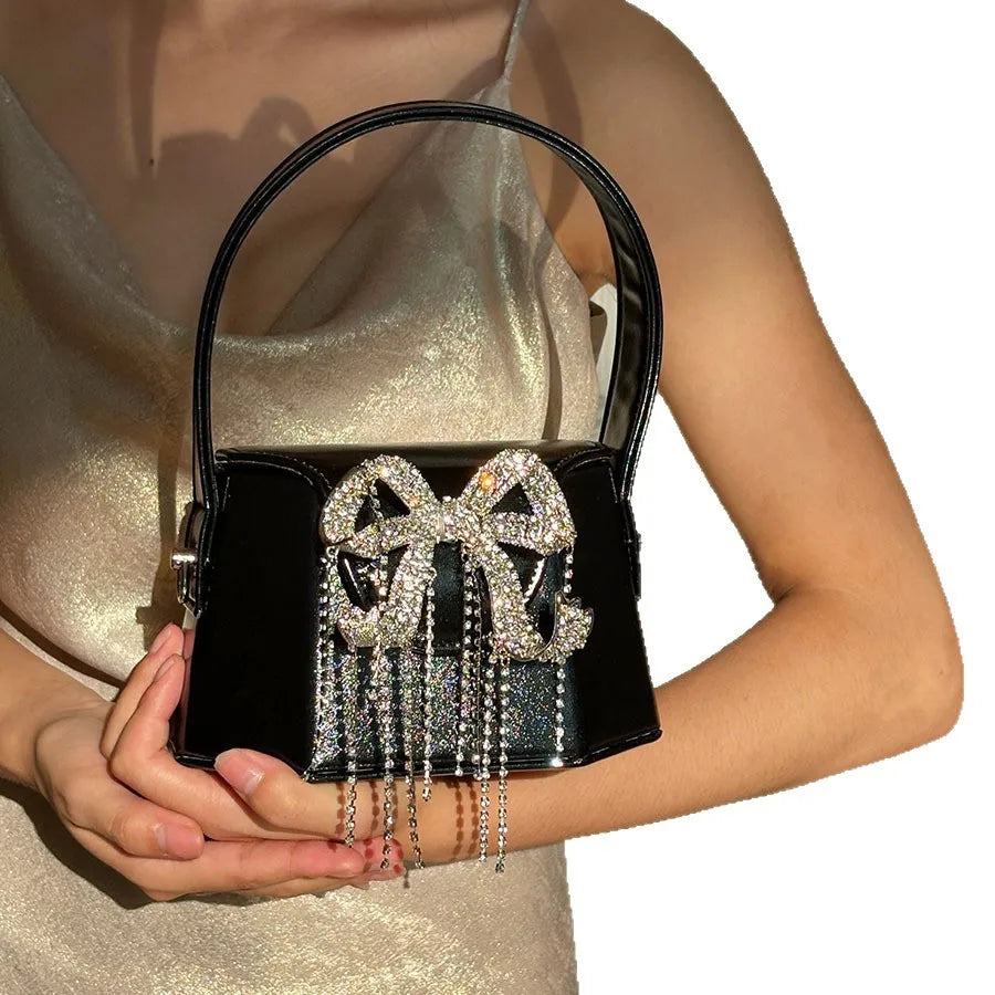 Mirror Mini Portable Small Bag Glossy Metal Embellished Rhinestone Bow Tassel Exquisite Small Dinner Bag