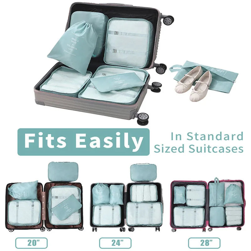 7Pcs Travel Packing Cubes Set Waterproof Luggage Organizer with Drawstring Storage Pouches for Clothes Shoes Underwear - Suitcas