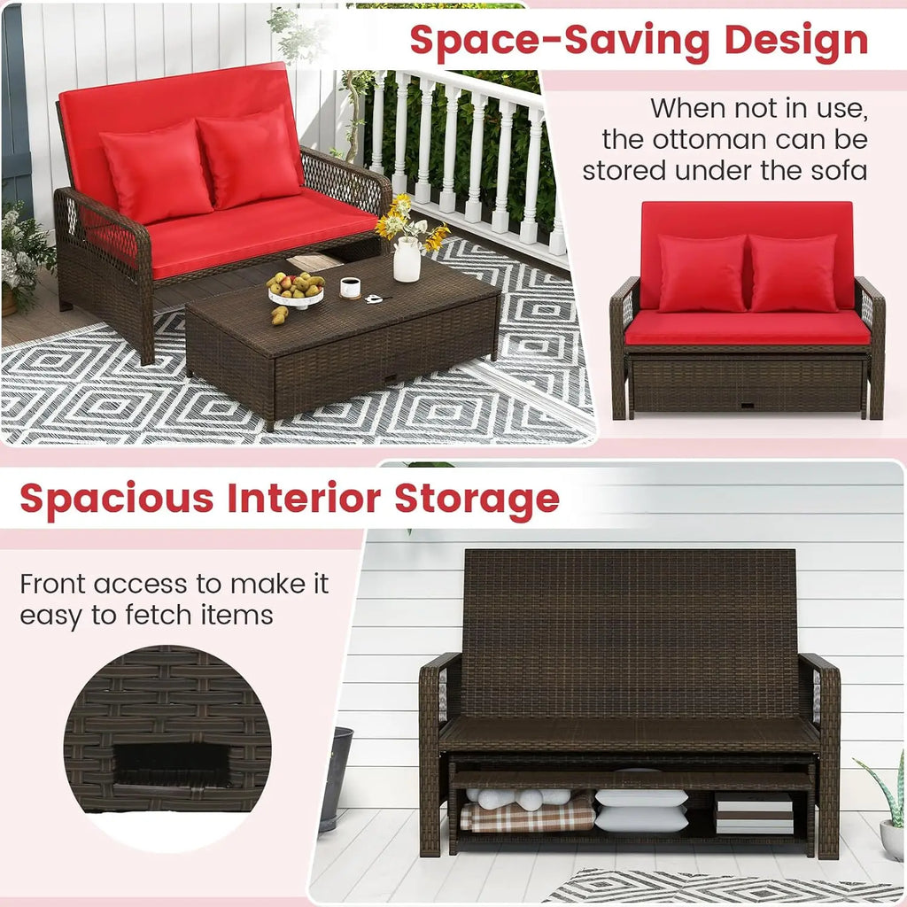 Outdoor Daybed, Wicker Loveseat Sofa Set with Storage Ottoman, 4-Level Adjustable Backrest, Sofa Pillows &, Customized
