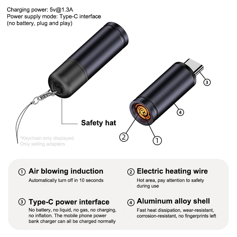 Type C Mini Lighter Blow-to-Ignite Auto Shut-Off For Air Travel Outdoor No Battery No Flame Portable Safety Lighter Adapter