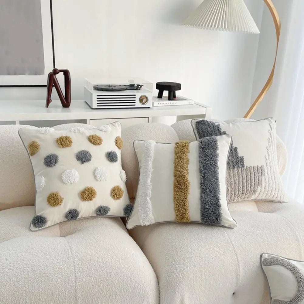 Unique Boho Throw Pillow with Braided Rope Pattern Handmade Tassels Cushion Soft Cotton Linen Textured Cushion for Sofa Bed