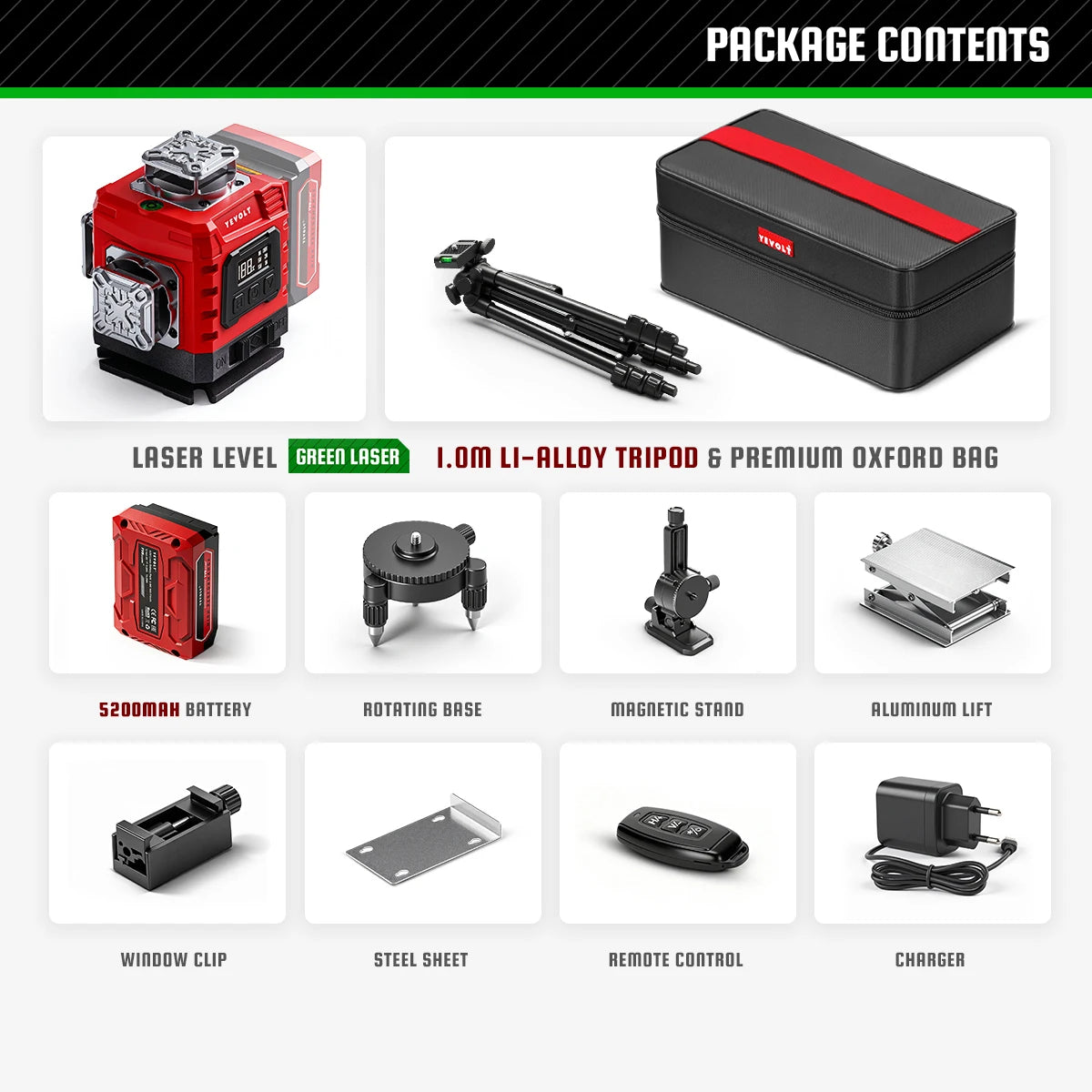 YEVOLT 16‑Line Green Laser Level 4×360° Planes Gravity Self‑Adjust Slope Function Type‑C Power Build & Tile