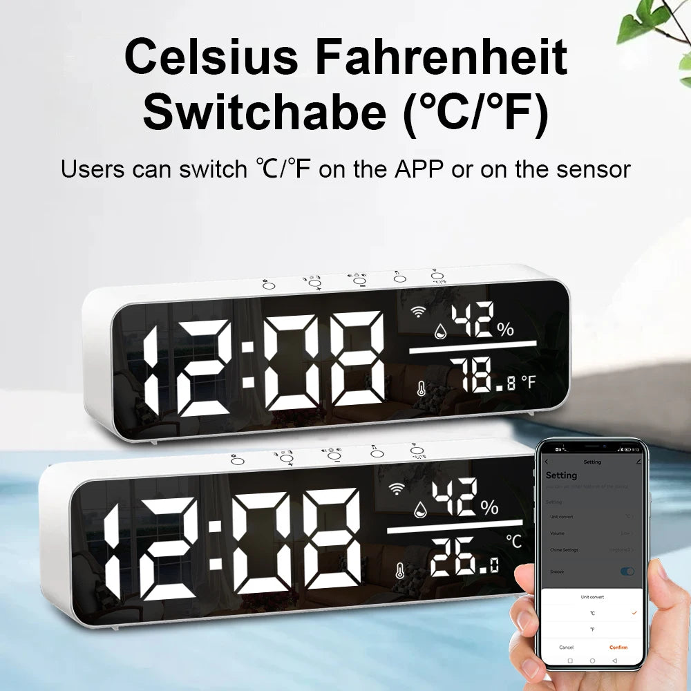 Tuya WiFi Mirror LED ClocksSupport Temperature Humidity Sensor Time Display USB Desktop Alarm Clock for Living Room Decoration