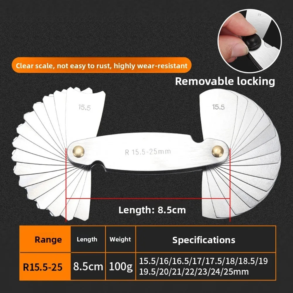 Stainless Steel Radius Gauge R0.3-1.5/R1-7/ R7.5-15/ R15.5-25 Arc Measuring Tool Sample R Gauge Screw Pitch