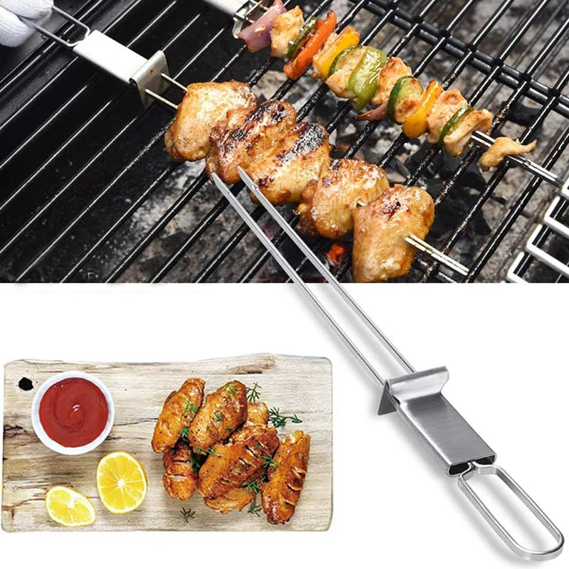 1pcs Stainless Steel Double Needle Barbecue Skewers with Self Push Plate Barbecue Forks Outdoor Home BBQ Accessories Tools숯불스타터