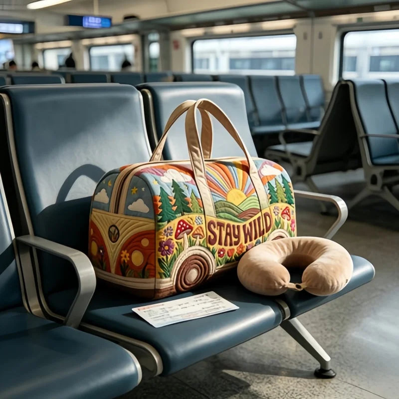 1pc Hippie Boho Quilted Duffle Bag, Vintage "STAY WILD" Van Travel Bag, Large Capacity Weekender Bag for Women Travel Gym