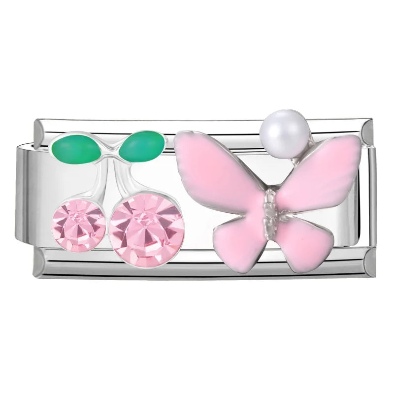 Y2K Zircon Pink Heart Star Butterfly Bow Long Italian Charm Link Fit 9mm Bracelet Stainless Steel Women DIY Making Jewelry Gifts