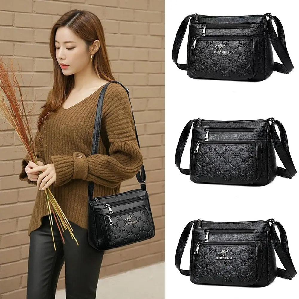 Fashion PU Leather Buying Vegetable Bag Black Multi-layer Middle-aged Mother's Bag Large Capacity Shoulder Messenger Bag Woman