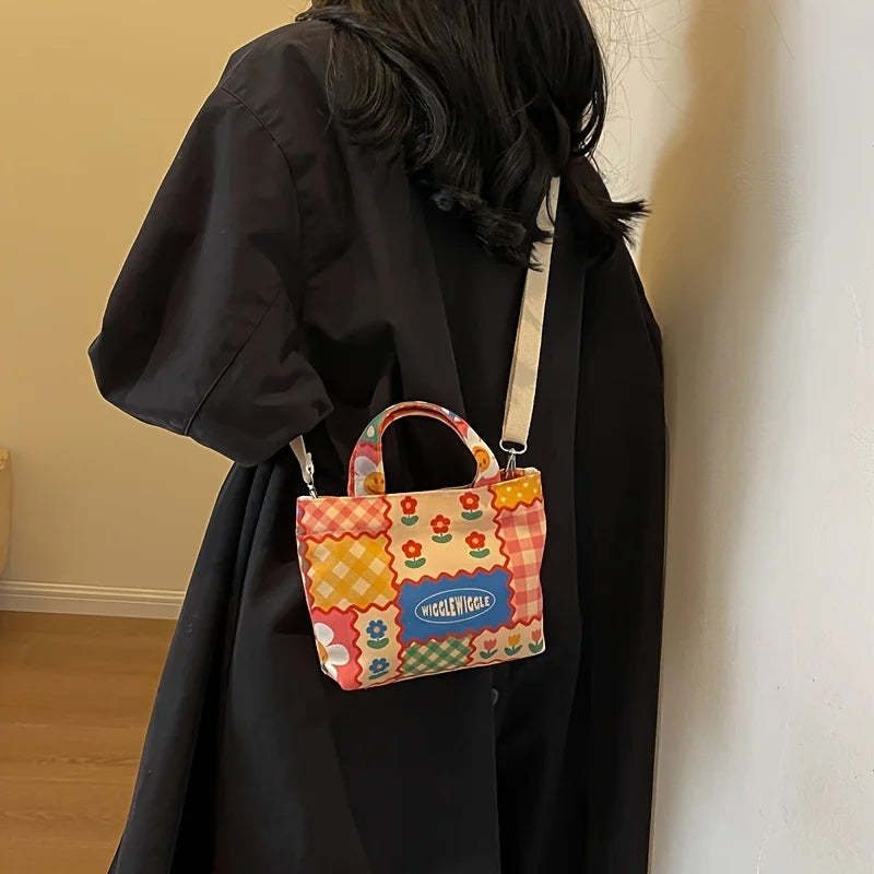 Mini Cute Canvas Crossbody Bag, Kawaii Cartoon Print Tote Shoulder Bag, Women's Fashion Handbags And Purses