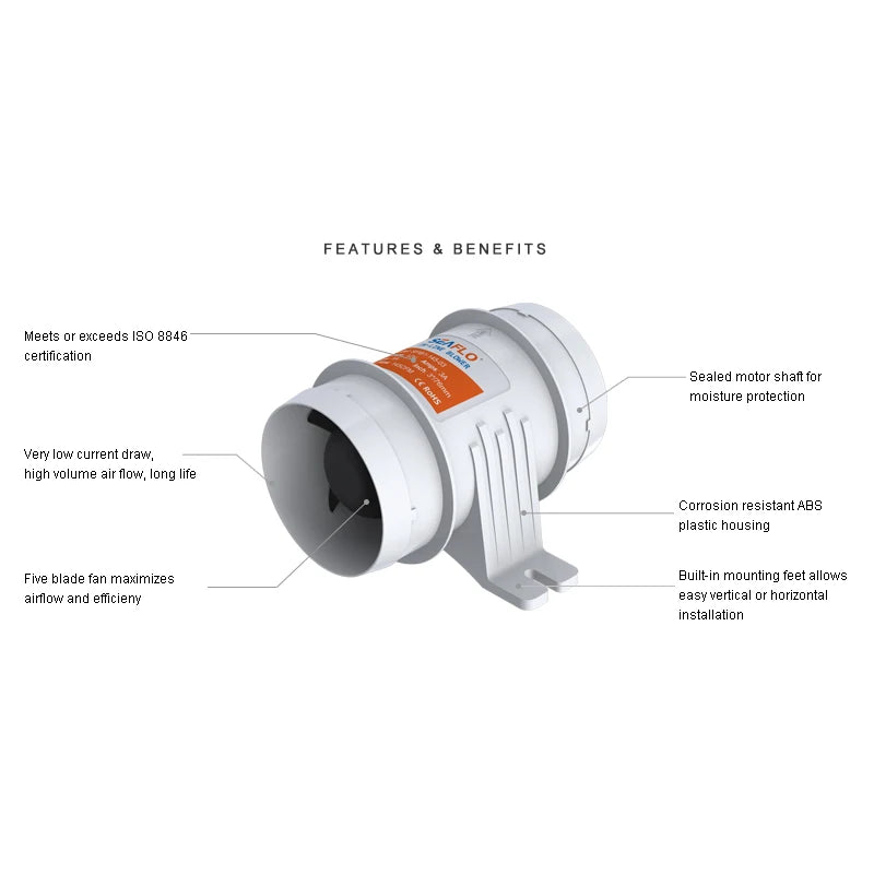 12V/24V 40A ABS Quiet Air Blower Water Resistant High Air Flow In-Line Blower Marine Bilge Boat Blower Motor Plastic