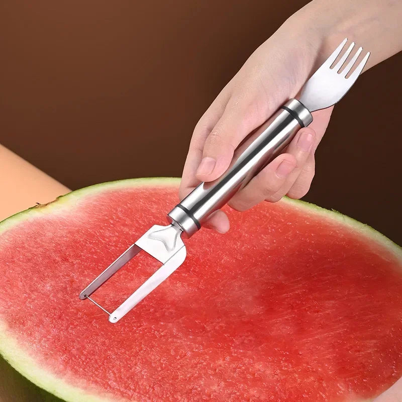 2-in-1 Stainless Steel Fruit Cutter,Dual Head Watermelon Fork Cutter Slicer Tool for Home Kitchen Gadget Melon Cube Cutter