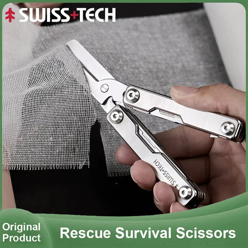 SWISS TECH 9 In 1 Rescue Survival Scissors Folding Knife Outdoor EDC Mini Multitool Keychain Multi Tools Window Breaker