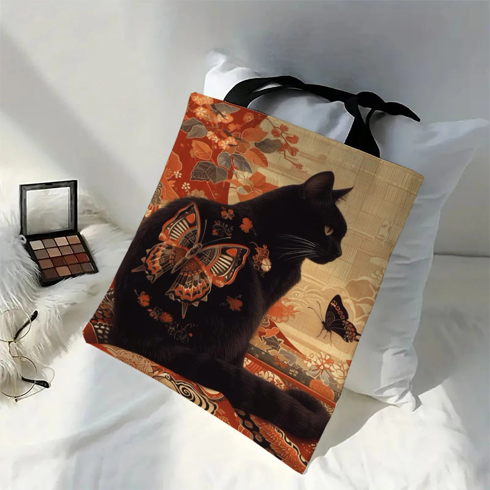 Classic Black And White Cat Tote Bag With Cat Print, Reusable Shoulder Shopping Beach Bag For Women, Durable Casual Carryall