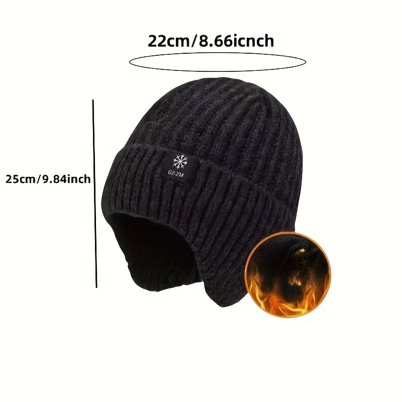 Men's Winter Thermal Faux Fur Lined Beanie with Ear Flaps, Thicken Knitted Cap for Windproof Skiing, Hiking, Cycling Bomber Hats