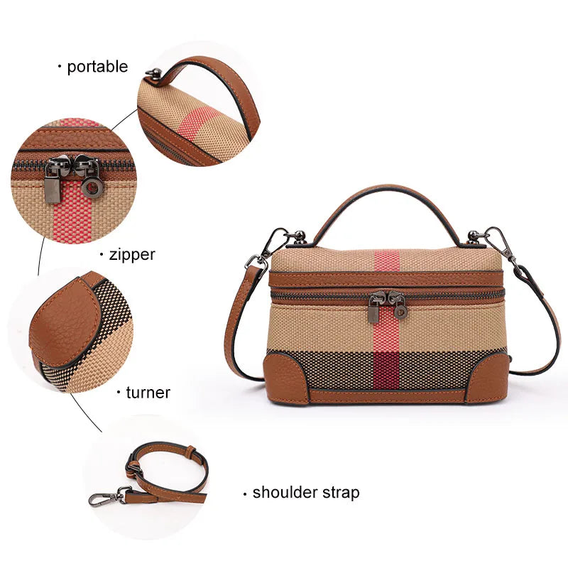 Aidrani  New women's shoulder crossbody mini bag, plaid small square bag, made of canvas and cowhide material