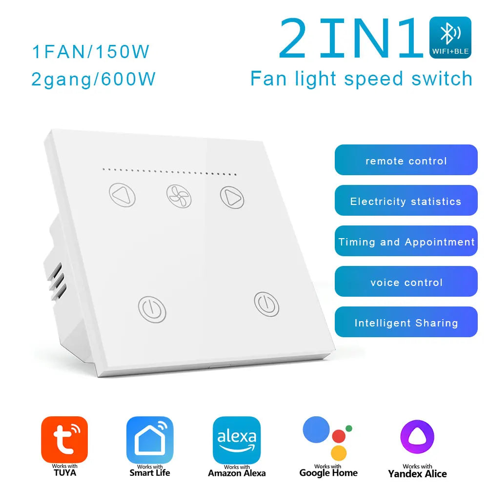 WiFi Smart Switch for Ceiling Fan Light EU Standard Compatible with Alexa/Google Assistant White/Black
