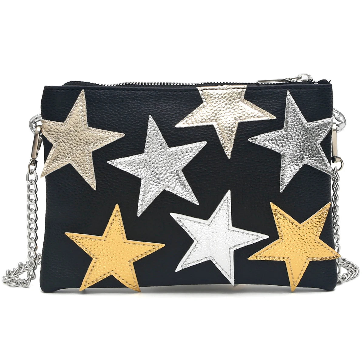 Luxury Chic Women Metallic PU Vegan Leather Square Clutch Stars Pattern Colorful Stripes Chain Shoulder Handbag Party Date Gift
