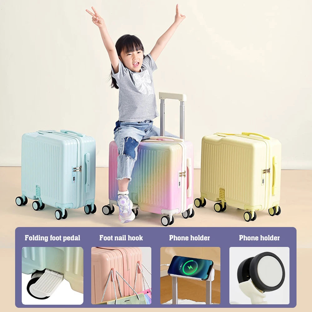 18"Hand Carry Luggage Portable Boarding Bagage 6 Wheels ZIPPER lock luggage Can Sit Down Kids Luggage