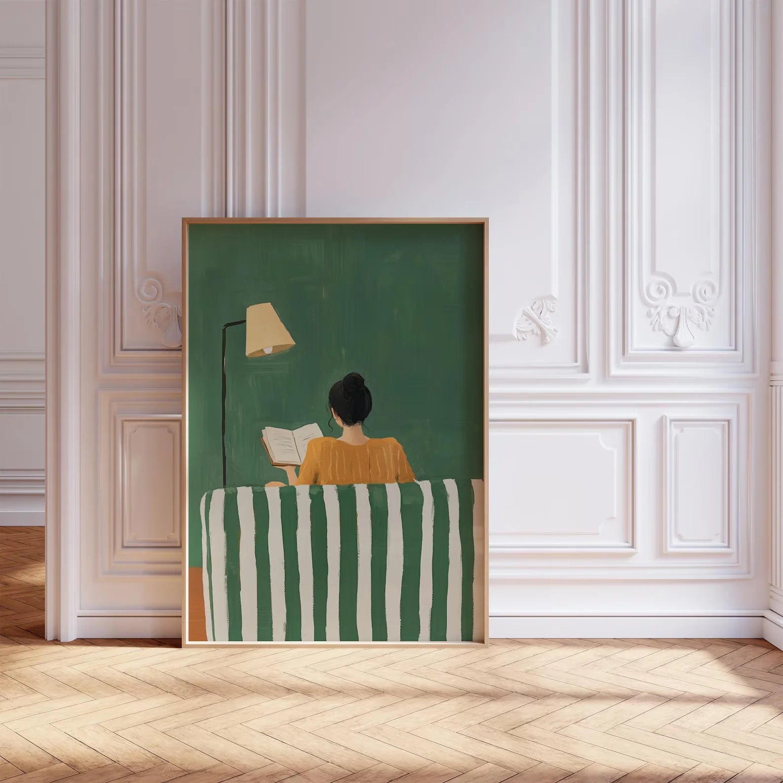 Emerald Green Woman Reading Folder Print Minimalist Abstract Canvas Wall Decor Unframed